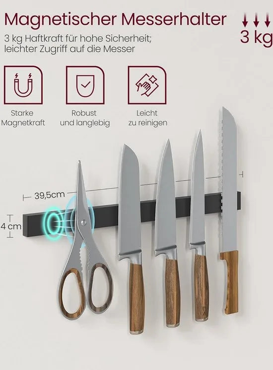 FurnStar - Keukenrek - Staand rek - Werkblad keuken - Keukeneiland met magneetstrip voor messen - Draadmand - Keukenrolhouder - 12 haken - Ebbenhout - Wit – Zwart