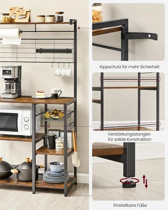 FurnStar - Keukenrek - Staand rek - Werkblad keuken - Keukeneiland met magneetstrip voor messen - Draadmand - Keukenrolhouder - 12 haken - Ebbenhout - Wit – Vintabruin + zwart.