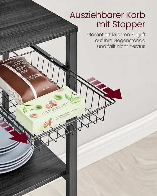 FurnStar - Keukenrek - Staand rek - Werkblad keuken - Keukeneiland met magneetstrip voor messen - Draadmand - Keukenrolhouder - 12 haken - Ebbenhout - Wit – Zwart