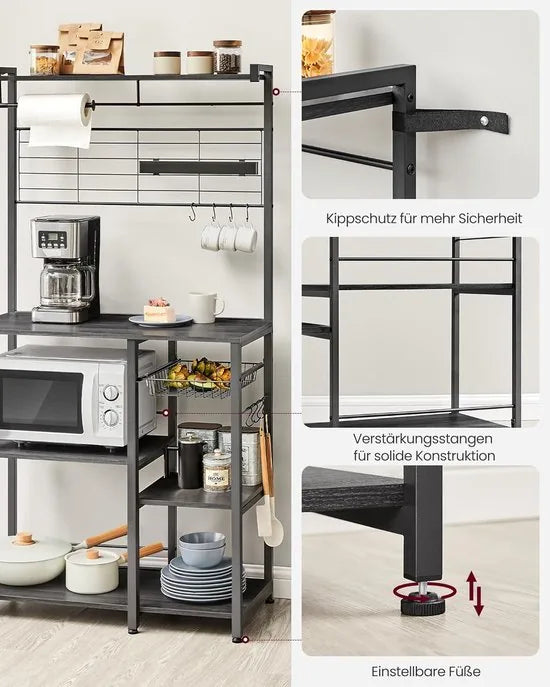 FurnStar - Keukenrek - Staand rek - Werkblad keuken - Keukeneiland met magneetstrip voor messen - Draadmand - Keukenrolhouder - 12 haken - Ebbenhout - Wit – Zwart