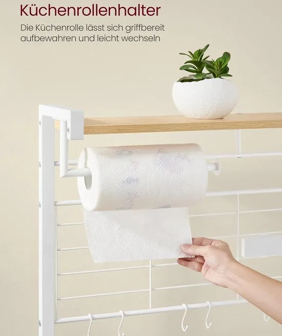 FurnStar - Keukenrek - Staand rek - Werkblad keuken - Keukeneiland met magneetstrip voor messen - Draadmand - Keukenrolhouder - 12 haken - Ebbenhout - Wit