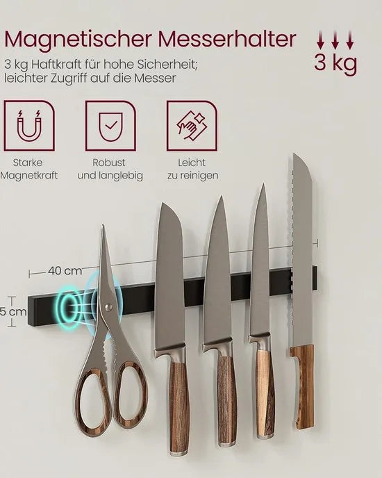 FurnStar - Keukenrek - staand rek - werkblad keuken - keukeneiland met magneetstrip voor messen - draadmand - keukenrolhouder - 12 haken - ebbenhout - Grijs + Zwart