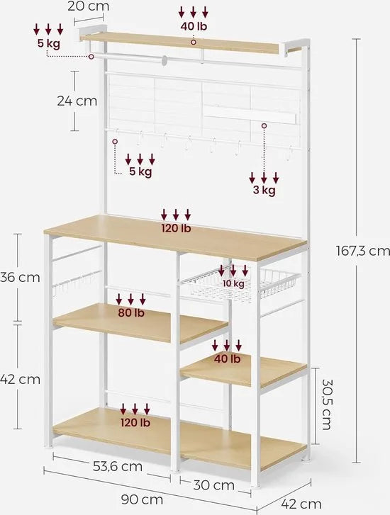 FurnStar - Keukenrek - Staand rek - Werkblad keuken - Keukeneiland met magneetstrip voor messen - Draadmand - Keukenrolhouder - 12 haken - Ebbenhout - Wit