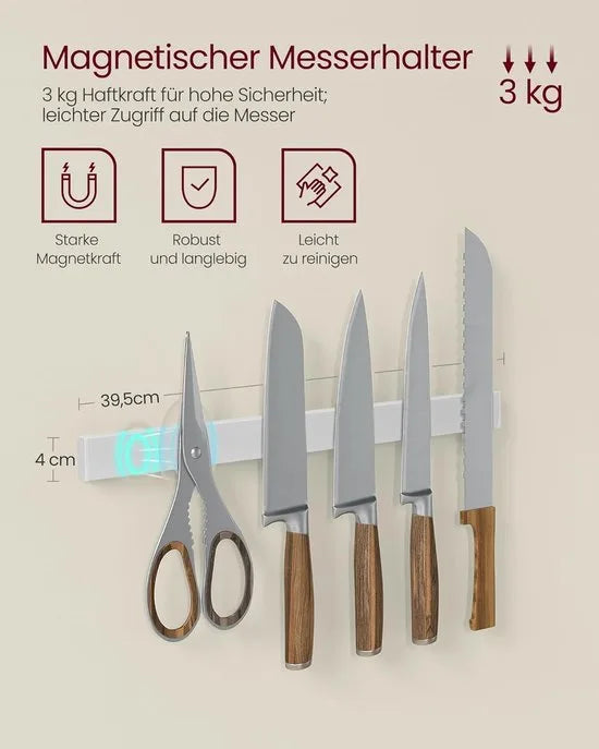FurnStar - Keukenrek - Staand rek - Werkblad keuken - Keukeneiland met magneetstrip voor messen - Draadmand - Keukenrolhouder - 12 haken - Ebbenhout - Wit