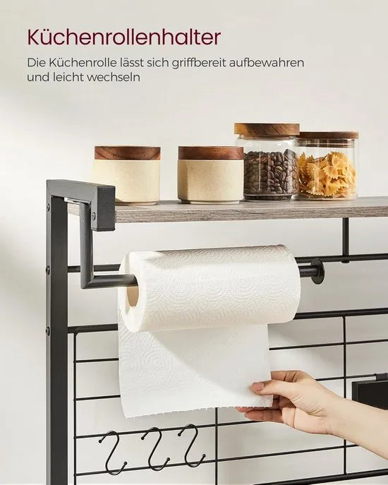 FurnStar - Keukenrek - staand rek - werkblad keuken - keukeneiland met magneetstrip voor messen - draadmand - keukenrolhouder - 12 haken - ebbenhout - Grijs + Zwart