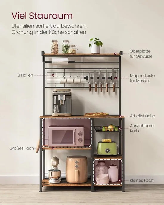 FurnStar - Keukenrek - Staand rek - Werkblad keuken - Keukeneiland met magneetstrip voor messen - Draadmand - Keukenrolhouder - 12 haken - Ebbenhout - VintaGEbruin + Zwart.