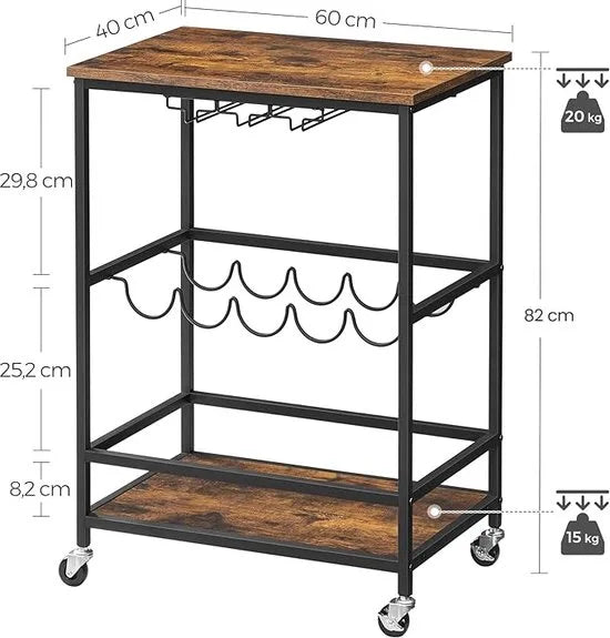 FurnStar - Keukentrolley - Keukentrolley Op Wieltjes - Serveerwagen - Multifunctionele Trolley - Barwagen - Wijnrek - Vintage Bruin - Zwart - 40 x 60 x 82 cm
