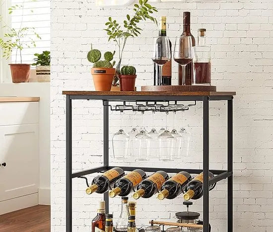 FurnStar - Keukentrolley - Keukentrolley Op Wieltjes - Serveerwagen - Multifunctionele Trolley - Barwagen - Wijnrek - Vintage Bruin - Zwart - 40 x 60 x 82 cm