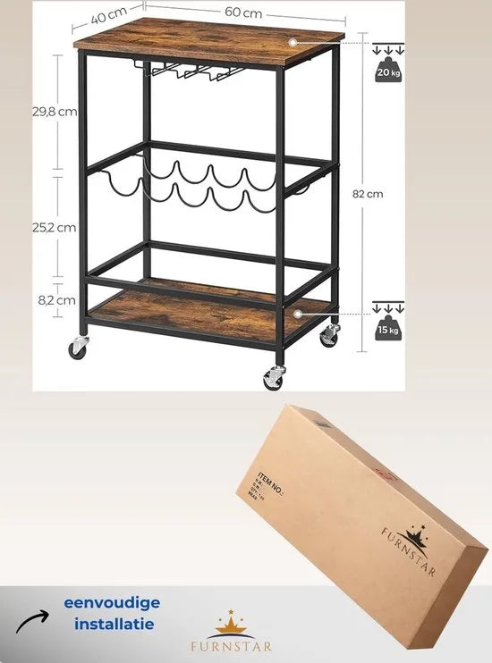 FurnStar - Keukentrolley - Keukentrolley Op Wieltjes - Serveerwagen - Multifunctionele Trolley - Barwagen - Wijnrek - Vintage Bruin - Zwart - 40 x 60 x 82 cm