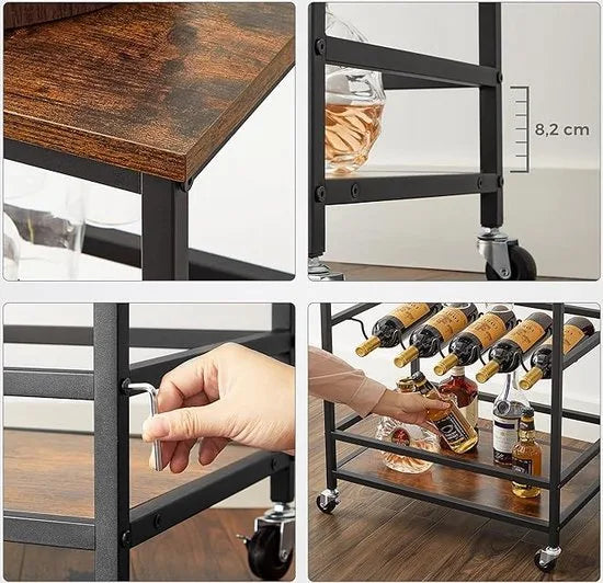 FurnStar - Keukentrolley - Keukentrolley Op Wieltjes - Serveerwagen - Multifunctionele Trolley - Barwagen - Wijnrek - Vintage Bruin - Zwart - 40 x 60 x 82 cm
