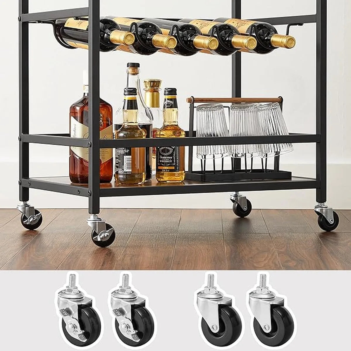 FurnStar - Keukentrolley - Keukentrolley Op Wieltjes - Serveerwagen - Multifunctionele Trolley - Barwagen - Wijnrek - Vintage Bruin - Zwart - 40 x 60 x 82 cm