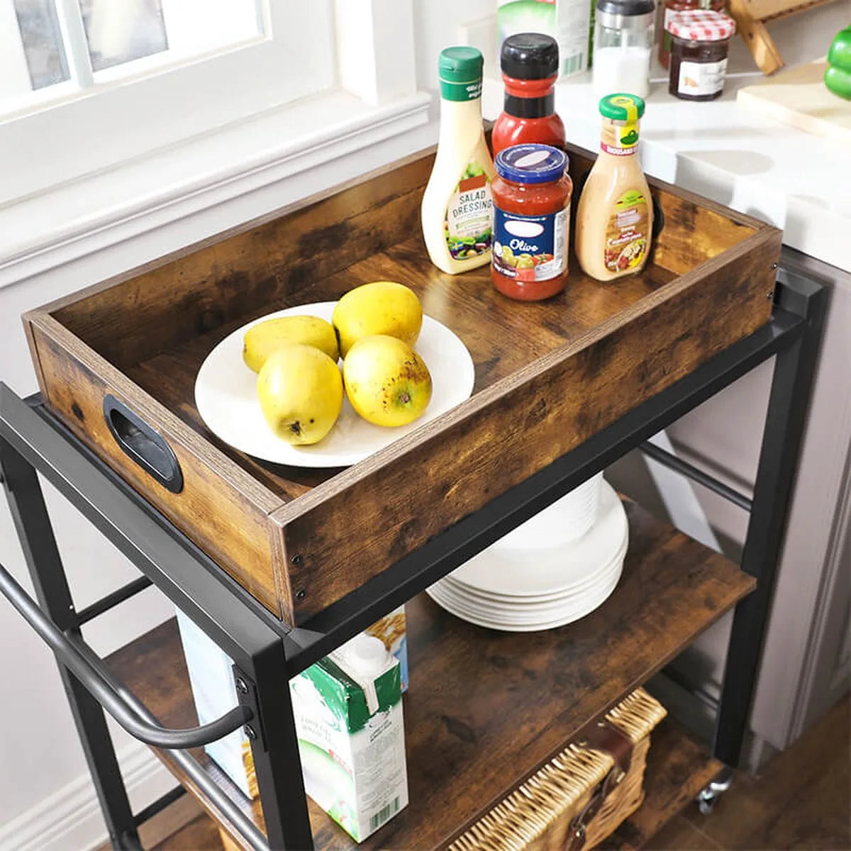FurnStar - Keukentrolley op wieltjes - Serveerwagen - 3 Planken - Multifunctionelle Trolley - vintage bruin - zwart - 65 x 40 x 86 cm