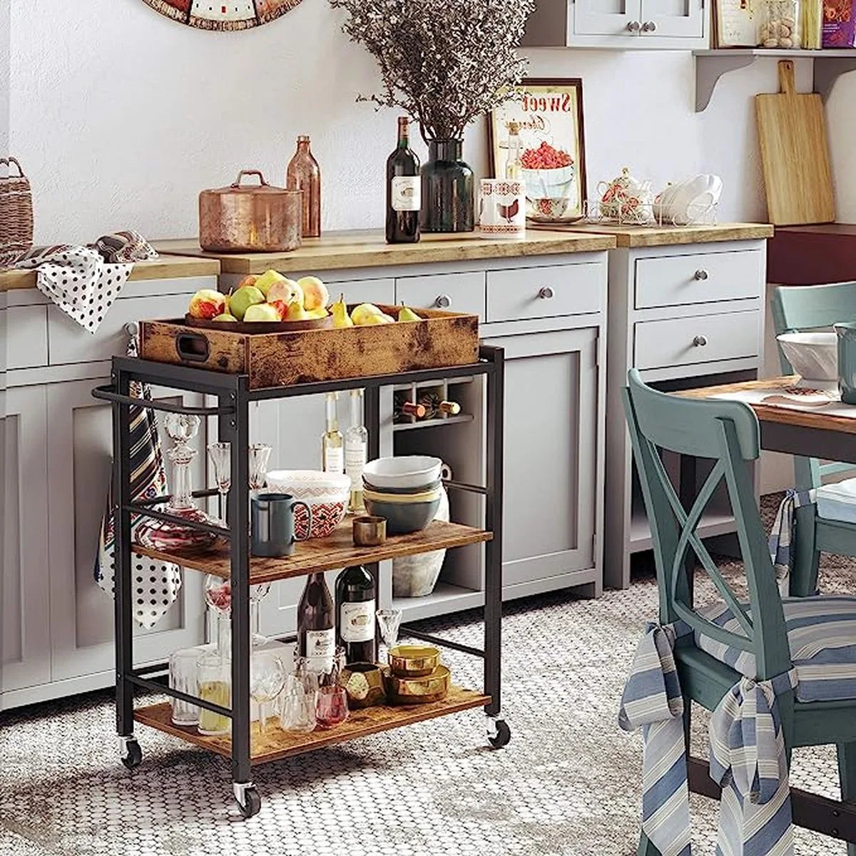 FurnStar - Keukentrolley op wieltjes - Serveerwagen - 3 Planken - Multifunctionelle Trolley - vintage bruin - zwart - 65 x 40 x 86 cm