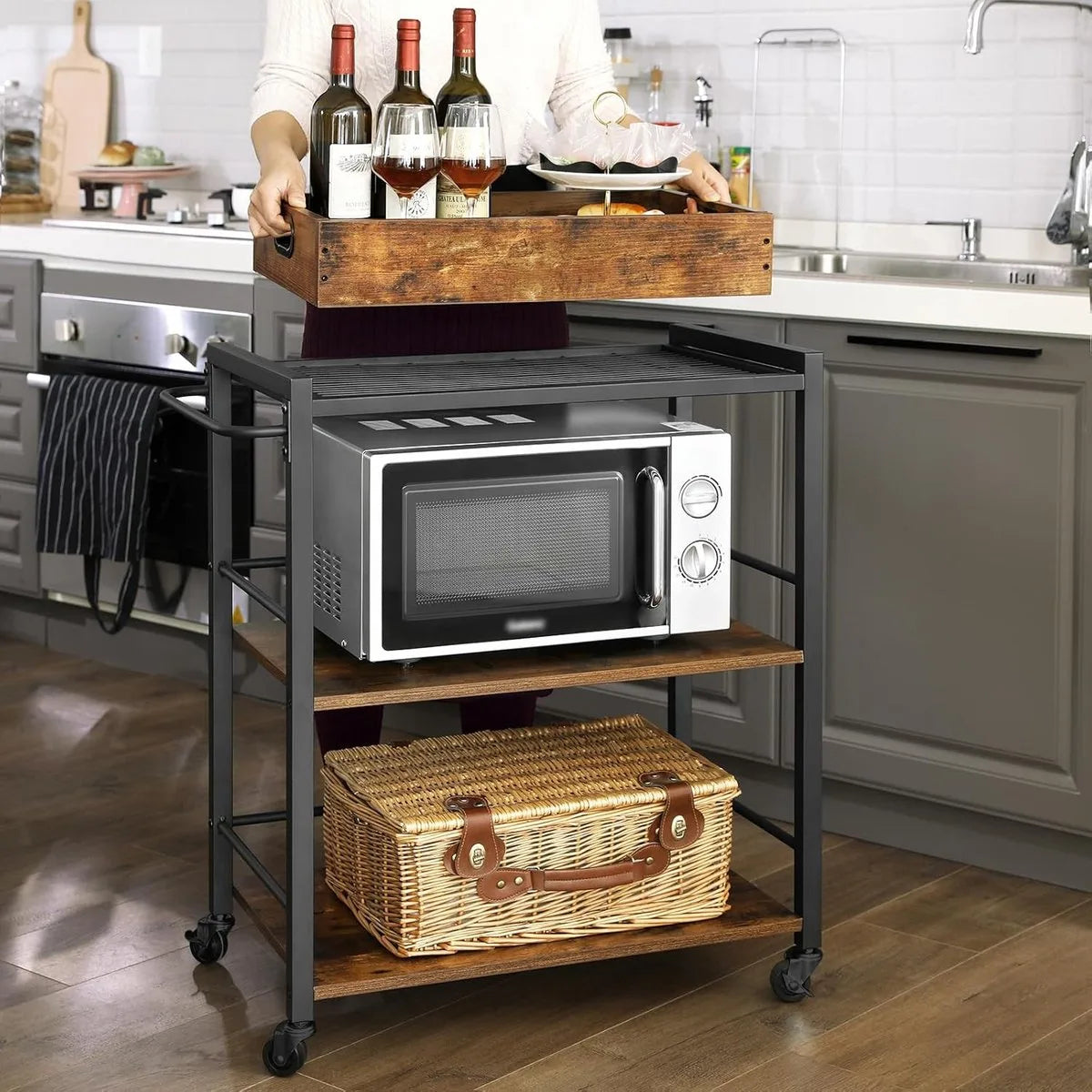 FurnStar - Keukentrolley op wieltjes - Serveerwagen - 3 Planken - Multifunctionelle Trolley - vintage bruin - zwart - 65 x 40 x 86 cm