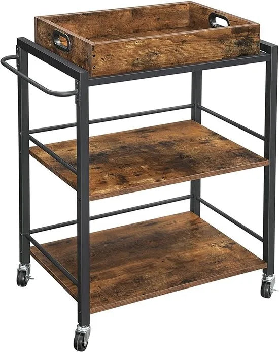FurnStar - Keukentrolley op wieltjes - Serveerwagen - 3 Planken - Multifunctionelle Trolley - vintage bruin - zwart - 65 x 40 x 86 cm