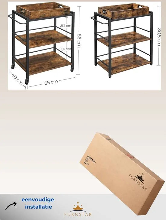 FurnStar - Keukentrolley op wieltjes - Serveerwagen - 3 Planken - Multifunctionelle Trolley - vintage bruin - zwart - 65 x 40 x 86 cm
