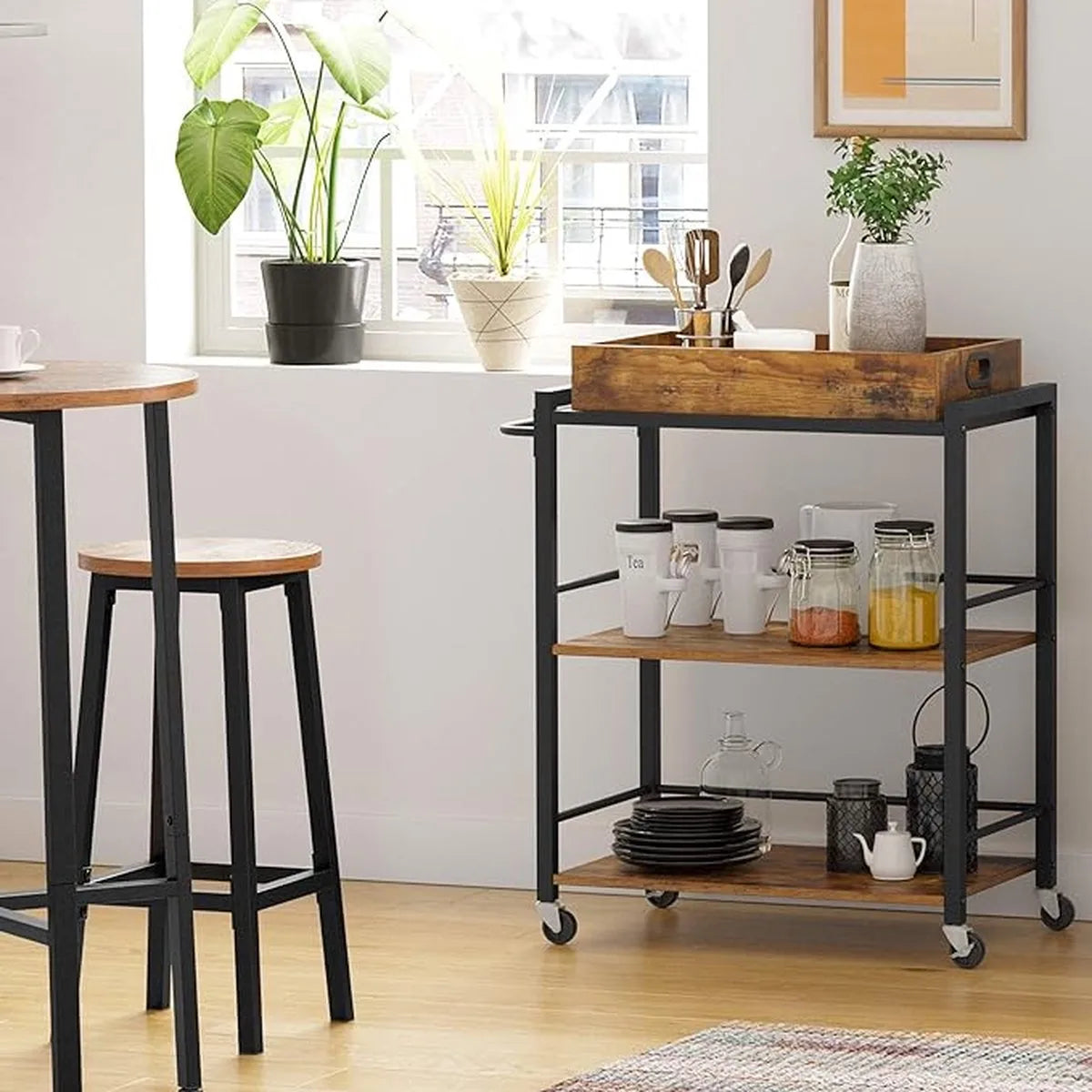 FurnStar - Keukentrolley op wieltjes - Serveerwagen - 3 Planken - Multifunctionelle Trolley - vintage bruin - zwart - 65 x 40 x 86 cm
