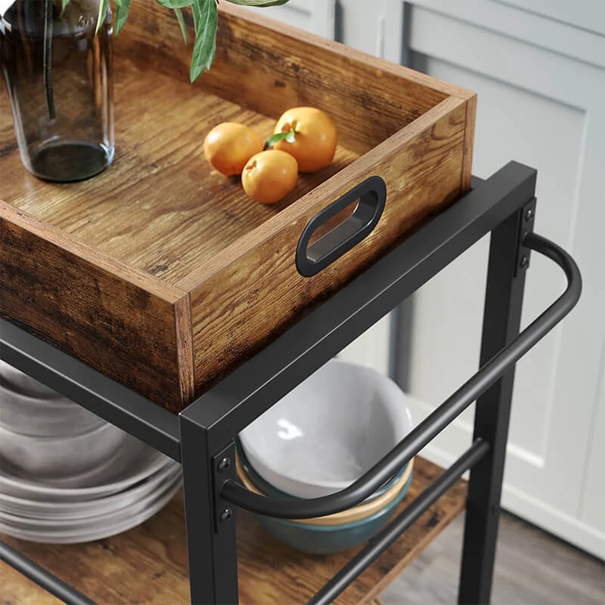 FurnStar - Keukentrolley op wieltjes - Serveerwagen - 3 Planken - Multifunctionelle Trolley - vintage bruin - zwart - 65 x 40 x 86 cm