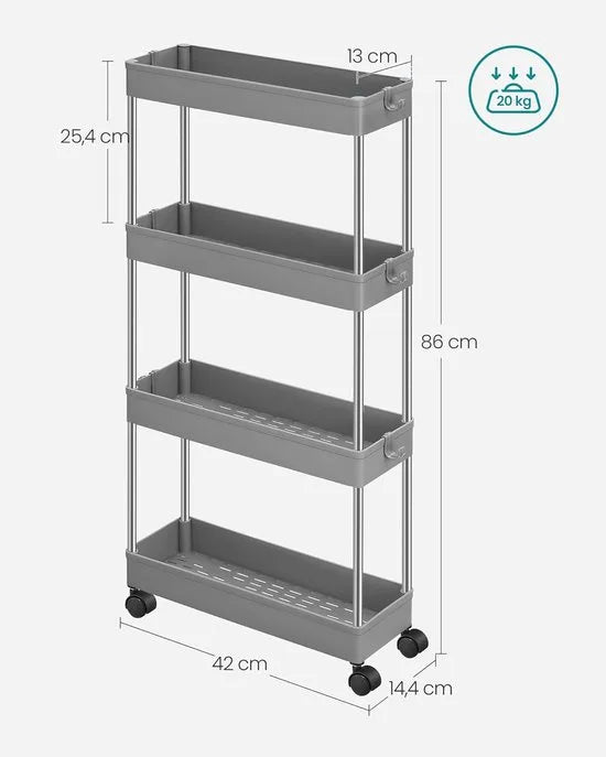 Furnstar Keukenwagen – 4-laags Nisrek op Wieltjes – Ruimtebesparend Opbergrek voor Badkamer & Keuken – 40 x 13,5 x 86 cm – Grijs