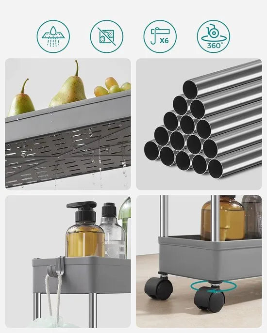 Furnstar Keukenwagen – 4-laags Nisrek op Wieltjes – Ruimtebesparend Opbergrek voor Badkamer & Keuken – 40 x 13,5 x 86 cm – Grijs