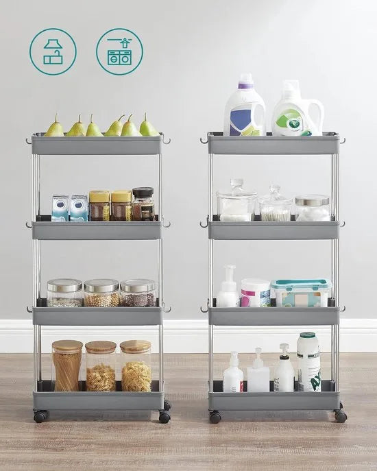 Furnstar Keukenwagen – 4-laags Nisrek op Wieltjes – Ruimtebesparend Opbergrek voor Badkamer & Keuken – 40 x 13,5 x 86 cm – Grijs
