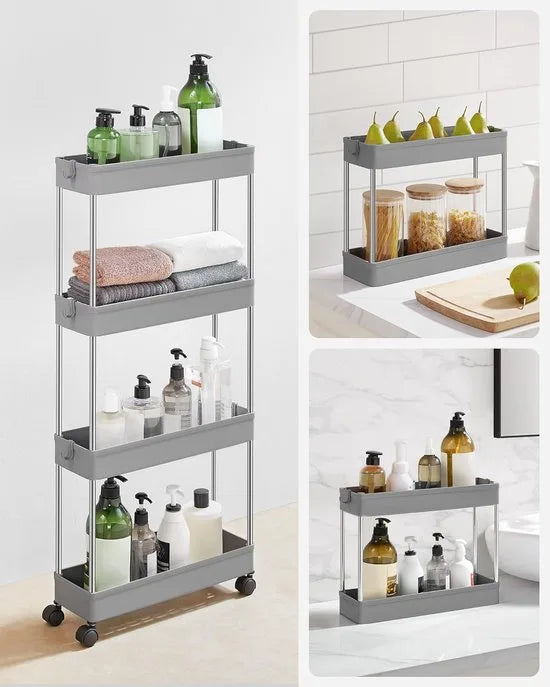Furnstar Keukenwagen – 4-laags Nisrek op Wieltjes – Ruimtebesparend Opbergrek voor Badkamer & Keuken – 40 x 13,5 x 86 cm – Grijs