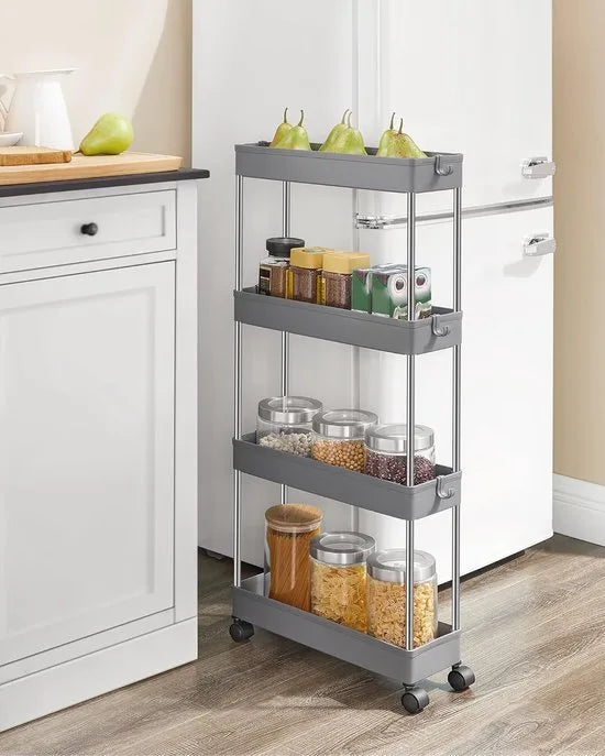 Furnstar Keukenwagen – 4-laags Nisrek op Wieltjes – Ruimtebesparend Opbergrek voor Badkamer & Keuken – 40 x 13,5 x 86 cm – Grijs