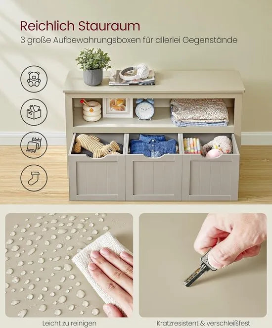 FurnStar Kinderrek – Speelgoedopslag met Wieltjes – Opbergkast voor Kinderen – Speelgoedrek met Opbergdozen – 102 x 30 x 60 cm – Zandbeige