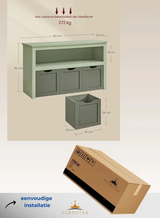 FurnStar - Kinderrek - Speelgoedopslag voor kinderen - Opbergkast -Speelgoedkast - Opbergdoos met wieltjes - Speelgoedrek - Voor kinderkamer - 102 x 30 x 60 cm - Laubergroen