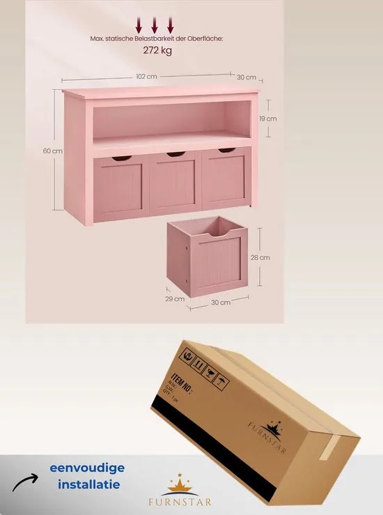 FurnStar - Kinderrek - Speelgoedopslag voor kinderen - Opbergkast - Speelgoedkast - Opbergdoos met wieltjes - Speelgoedrek - Voor kinderkamer - 102 x 30 x 60 cm - Pastelroze – Pastelroze
