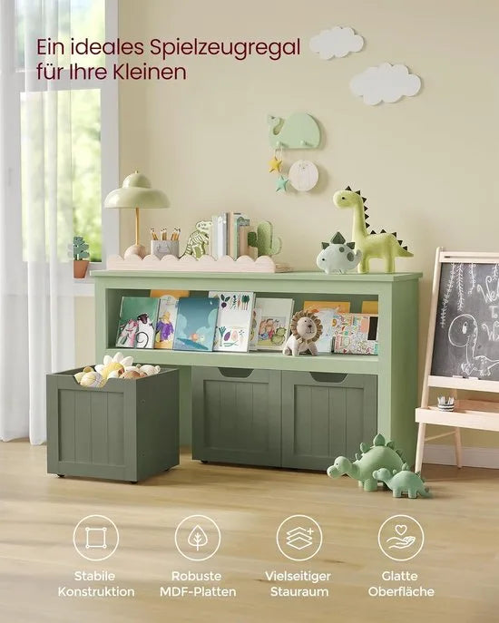 FurnStar - Kinderrek - Speelgoedopslag voor kinderen - Opbergkast -Speelgoedkast - Opbergdoos met wieltjes - Speelgoedrek - Voor kinderkamer - 102 x 30 x 60 cm - Laubergroen