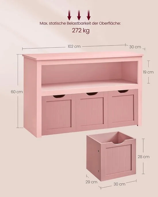 FurnStar - Kinderrek - Speelgoedopslag voor kinderen - Opbergkast - Speelgoedkast - Opbergdoos met wieltjes - Speelgoedrek - Voor kinderkamer - 102 x 30 x 60 cm - Pastelroze