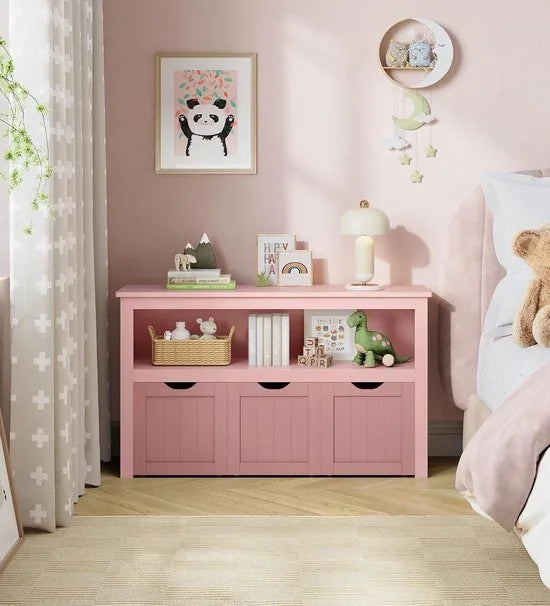 FurnStar - Kinderrek - Speelgoedopslag voor kinderen - Opbergkast - Speelgoedkast - Opbergdoos met wieltjes - Speelgoedrek - Voor kinderkamer - 102 x 30 x 60 cm - Pastelroze