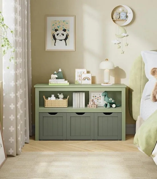 FurnStar - Kinderrek - Speelgoedopslag voor kinderen - Opbergkast -Speelgoedkast - Opbergdoos met wieltjes - Speelgoedrek - Voor kinderkamer - 102 x 30 x 60 cm - Laubergroen