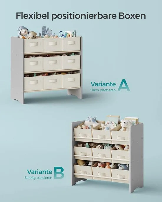 Furnstar - Kinderrek - Speelgoedrek - Boekenrek voor kinderen - Met 9 opbergdozen van vliesstof - Ruime opbergruimte - 29,5 x 62,5 x 60 cm - Duifgrijs