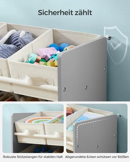 Furnstar - Kinderrek - Speelgoedrek - Boekenrek voor kinderen - Met 9 opbergdozen van vliesstof - Ruime opbergruimte - 29,5 x 62,5 x 60 cm - Duifgrijs