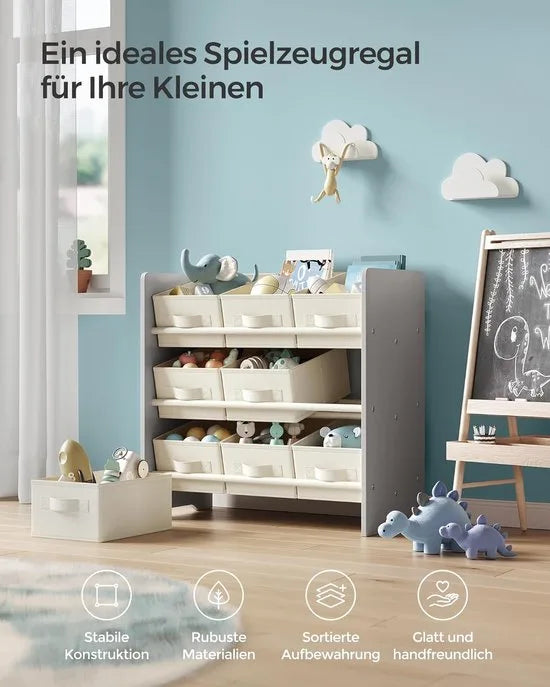Furnstar - Kinderrek - Speelgoedrek - Boekenrek voor kinderen - Met 9 opbergdozen van vliesstof - Ruime opbergruimte - 29,5 x 62,5 x 60 cm - Duifgrijs