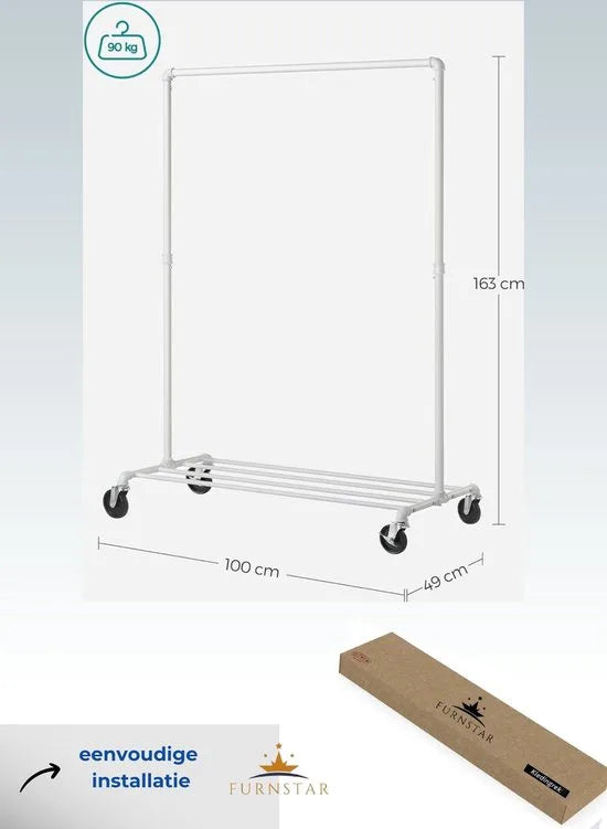 FurnStar - Kledinghangers - Kledingrek Metaal - Kledingrek Op Wieltjes - 49D x 100W x 163H cm - Kledingrek Wit
