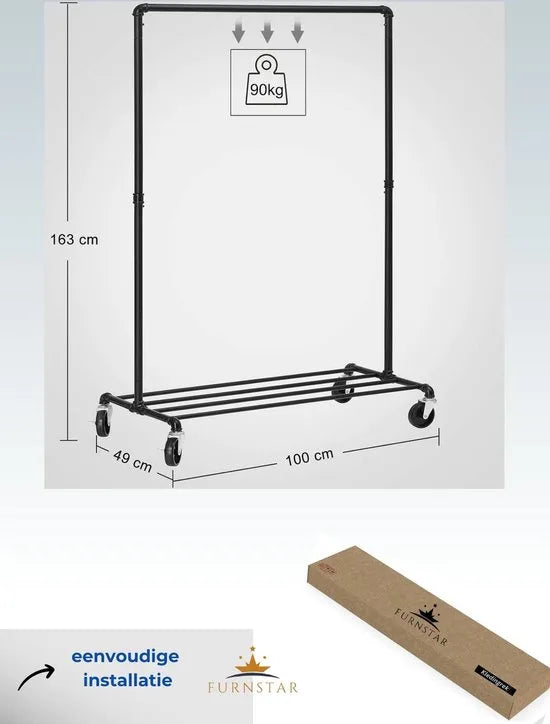 FurnStar - Kledinghangers - Kledingrek Metaal - Kledingrek Op Wieltjes - 49D x 100W x 163H cm - Kledingrek Wit – Zwart