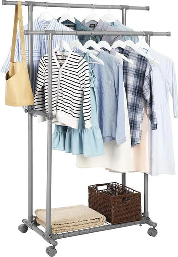 FurnStar - Kledinghangers - Kledingrek Metaal - Schoenenrek - Kledingkasten Slaapkamer - 87 tot 150 cm met wielen en opbergruimte - Kledingrek Sjaals Grijs