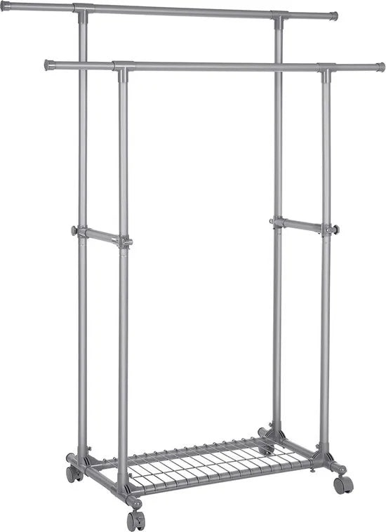 FurnStar - Kledinghangers - Kledingrek Metaal - Schoenenrek - Kledingkasten Slaapkamer - 87 tot 150 cm met wielen en opbergruimte - Kledingrek Sjaals Grijs