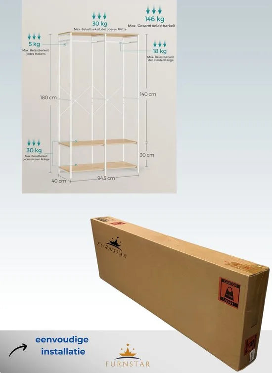 FurnStar - Kledinghangers - Kledingrek Metaal - Schoenenrek- Kledingkasten Slaapkamer - 40 x 94.5 x 180 cm - Kledingrek Beige