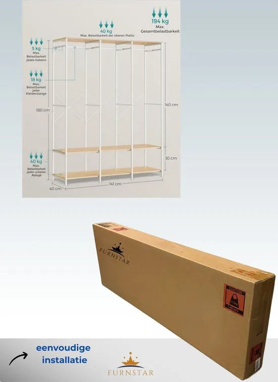 FurnStar - Kledinghangers - Kledingrek Metaal - Schoenenrek - Kledingkasten Slaapkamer - 40 x 141 x 180 cm - Natural Beige