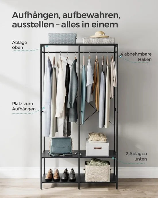 FurnStar - Kledinghangers - Kledingrek Metaal - Schoenenrek- Kledingkasten Slaapkamer - 40 x 94.5 x 180 cm - Kledingrek Zwart