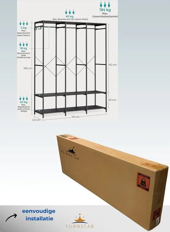 FurnStar - Kledinghangers - Kledingrek Metaal - Schoenenrek - Kledingkasten Slaapkamer - 40 x 141 x 180 cm - Kledingrek Zwart