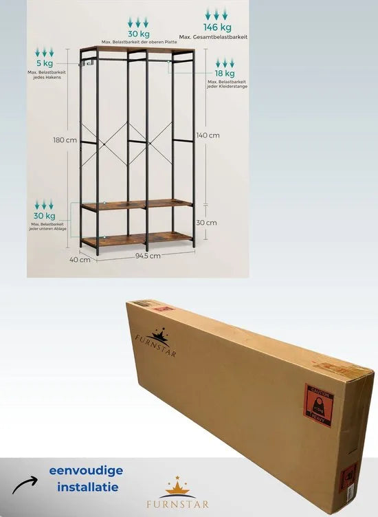 FurnStar - Kledinghangers - Kledingrek Metaal - Schoenenrek- Kledingkasten Slaapkamer - 40 x 94.5 x 180 cm - Kledingrek vintage
