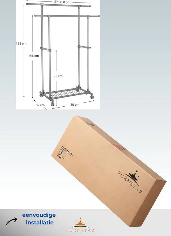 FurnStar - Kledinghangers - Kledingrek Metaal - Schoenenrek - Kledingkasten Slaapkamer - 87 tot 150 cm met wielen en opbergruimte - Kledingrek Sjaals Grijs