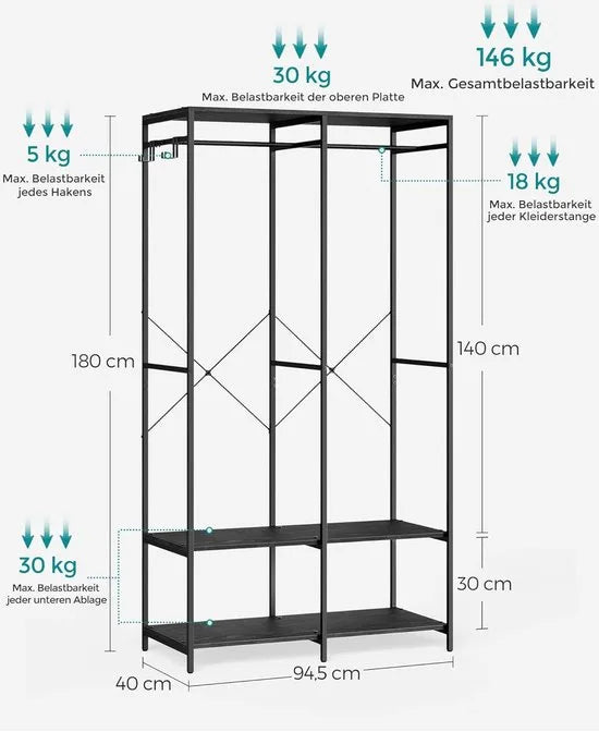 FurnStar - Kledinghangers - Kledingrek Metaal - Schoenenrek- Kledingkasten Slaapkamer - 40 x 94.5 x 180 cm - Kledingrek Zwart