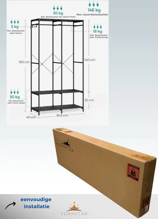 FurnStar - Kledinghangers - Kledingrek Metaal - Schoenenrek- Kledingkasten Slaapkamer - 40 x 94.5 x 180 cm - Kledingrek Zwart