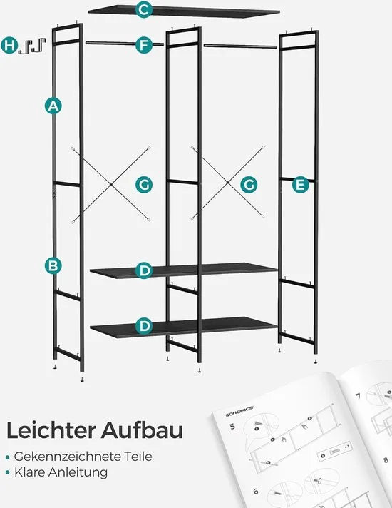 FurnStar - Kledinghangers - Kledingrek Metaal - Schoenenrek- Kledingkasten Slaapkamer - 40 x 94.5 x 180 cm - Kledingrek Zwart